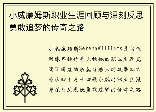 小威廉姆斯职业生涯回顾与深刻反思勇敢追梦的传奇之路