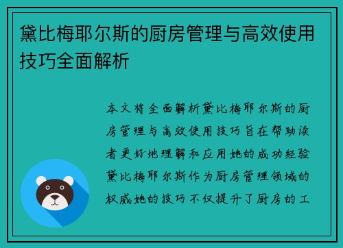 黛比梅耶尔斯的厨房管理与高效使用技巧全面解析