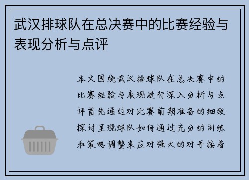 武汉排球队在总决赛中的比赛经验与表现分析与点评